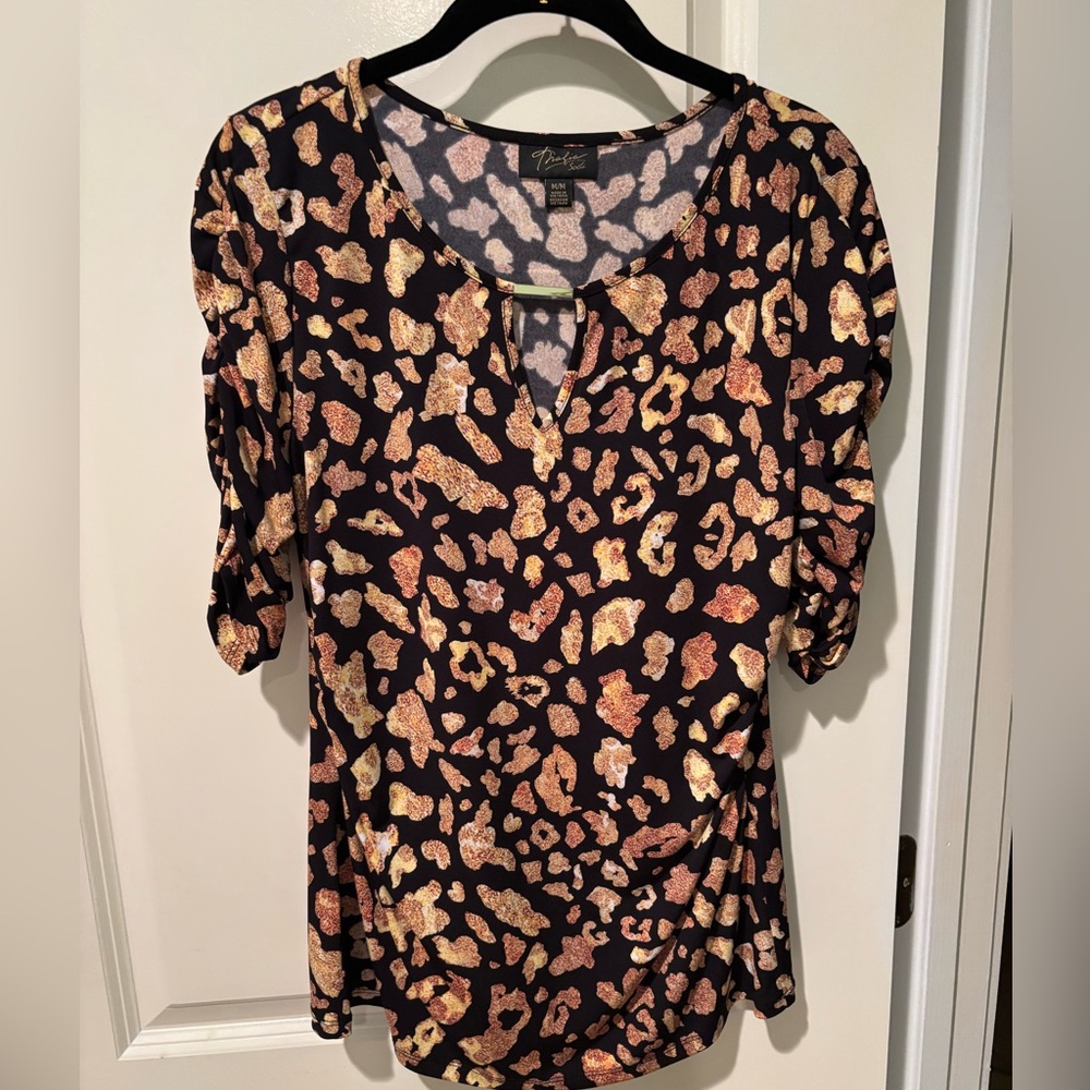 Thalia Sodi Black and Gold Animal Print Blouse